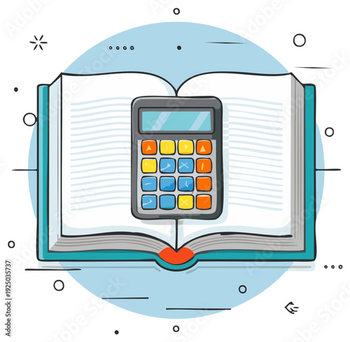 Open book with calculator on pages representing education and calculations study