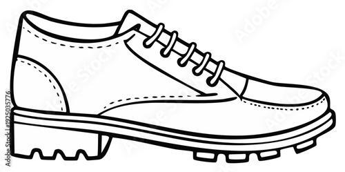 Outline Style Lug Sole Shoe Illustration, Lace-Up Leather Footwear, Fashionable Design, Comfortable and Durable, Clean Footwear