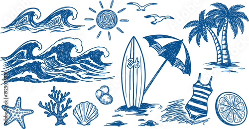 Beach and ocean themed blue illustrations on white background with waves surfboard palm trees and sea creatures