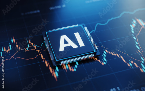 A I microchip on stock market graph background with blue and orange lines ai, microchip, stock market, graph, chart, blue background, orange lines, technology, finance, data analysis, artificial intel