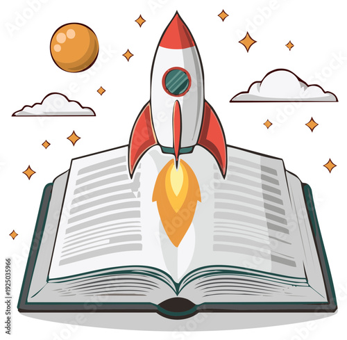 Open book with a rocket ship launching from it, accompanied by stars, clouds, and a planet, symbolizing knowledge and exploration.
