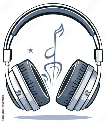 Stylized Over-Ear Headphones with Music Note Graphic for Audio Listening, Vector Illustration