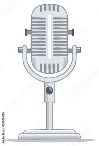 Retro silver microphone on stand with classic design for broadcast or performance