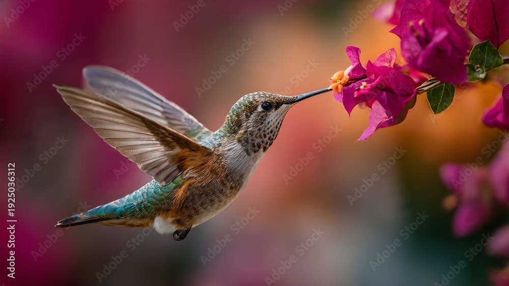 Fototapeta premium Beautiful hummingbird hovering and feeding on bright pink bougainvillea flowers with blurred background