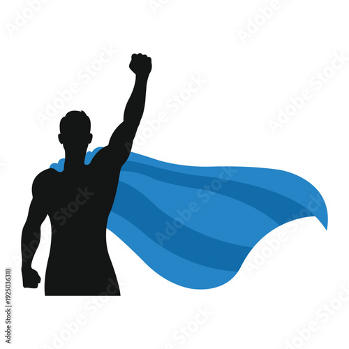 Silhouette of Strength: A powerful silhouette of a superhero, embodying courage and strength, draped in a flowing cape against a bright background. 