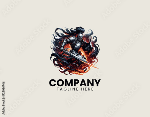 Silver armored knight warrior holding sword is surrounded by burning fire circle