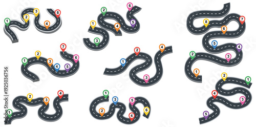 Roadmap to Success: A collection of winding roads, each marked with colorful location markers, symbolizes journey, progress and planning.