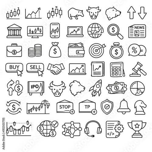 Collection of finance and business icons representing various aspects of economy and commerce in a modern flat design