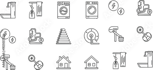 Home Appliances and Household Equipment Line Icon Set Including Washing Machine, Bathroom, Coffee Maker and Cleaning Tools for Web Design