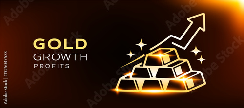 Gold growth profits concept with rising arrow and gold bars on dark brown background. Luxury investment vector illustration symbolizing wealth increase and financial success. banner design