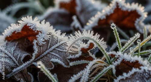 Frosty Leaves in Winter Closeup.