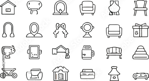 Home furniture and household objects outline icons set with sofa chair lamp kitchenware and decor vector collection