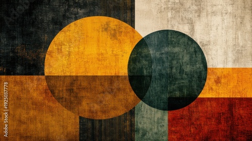 Geometric abstraction contains simple forms in various colors and shapes arranged in a structured manner on a textured surface