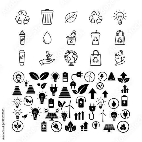 Green Energy and Recycling Icon Set - Eco-Friendly Sustainable Solutions and Renewable Power Silhouette Vector Pack