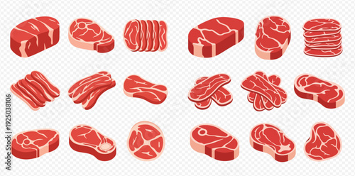 Set of fresh raw meat cuts including steak, bacon, and fillet, ideal for cooking and culinary themes.