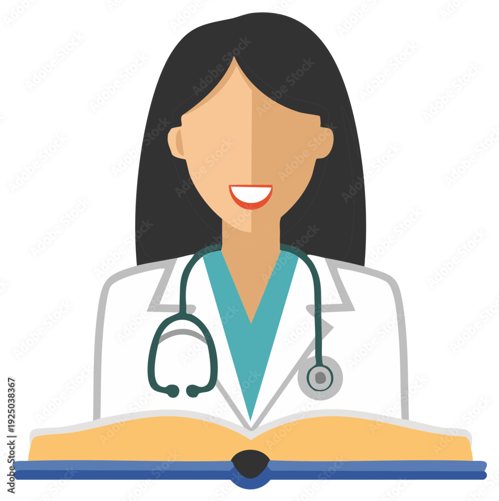 Fototapeta premium Female Doctor in Lab Coat with Stethoscope Studying a Medical Book Flat Icon