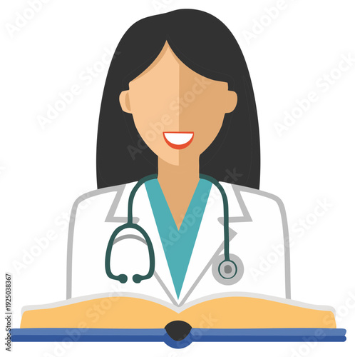 Female Doctor in Lab Coat with Stethoscope Studying a Medical Book Flat Icon