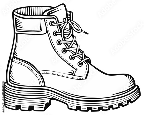 Detailed outline drawing of a sturdy laced work boot with a thick sole and ribbed collar