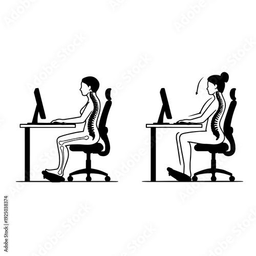 Correct and Bad Posture for Laptop Computer Use Silhouettes 2