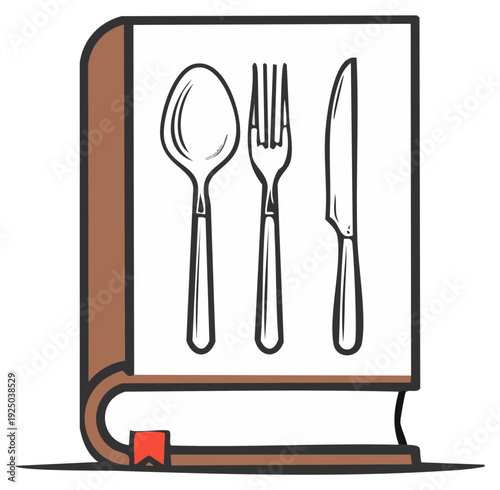 Cookbook illustration featuring utensils spoon fork knife and bookmark