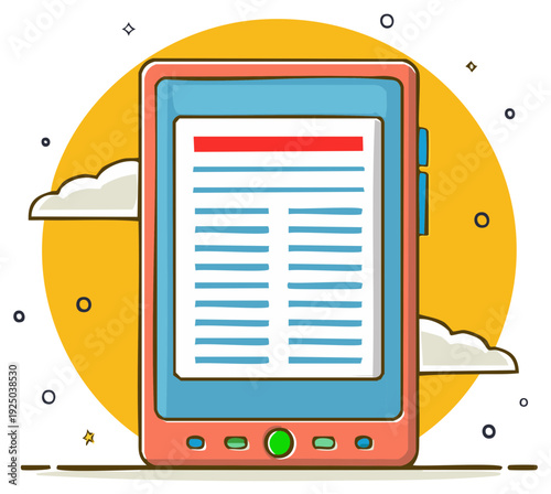 Digital E Reader Tablet Displaying Text Content with Abstract Clouds and Stars
