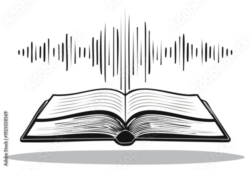 Open book with sound wave illustration, symbolizing knowledge and audio