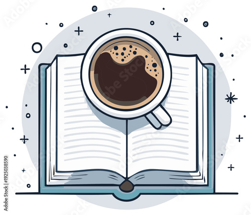 Open book with coffee break overhead view reading material studying relaxation