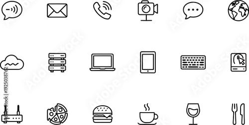 Iconic Communication and Everyday Elements: A clean and concise array of line art icons representing diverse communication channels, technological devices, and daily life essentials.