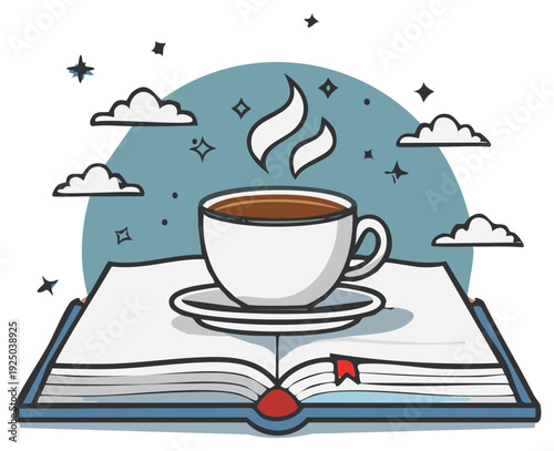 Coffee cup on open book with clouds and stars illustration