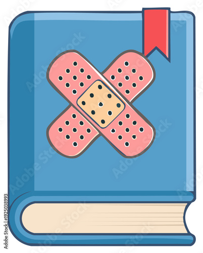 Medical book illustration with crossed bandages and red bookmark symbolizing health information