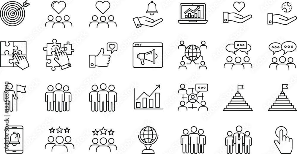 Naklejka premium Marketing and Business Strategy Line Icons Set Outline Illustration Collection