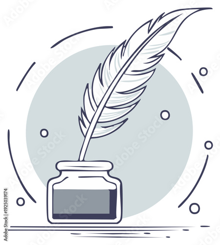 Vintage quill pen and inkwell illustration with artistic design elements