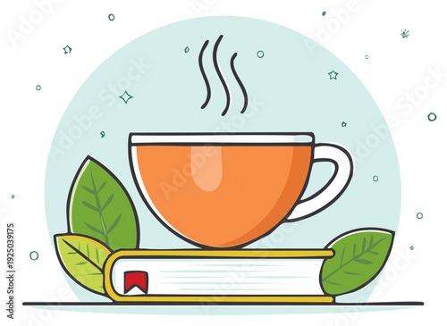 Cozy Reading Concept with Hot Tea Cup on a Book Vector Illustration