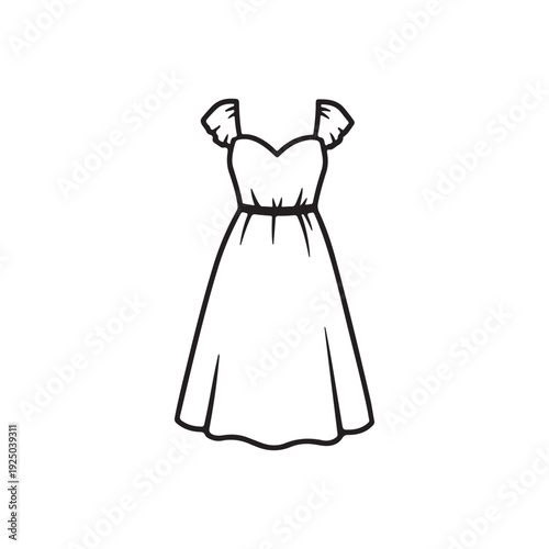 Line drawing of a beautiful offtheshoulder dress with a sweetheart neckline and a defined waist