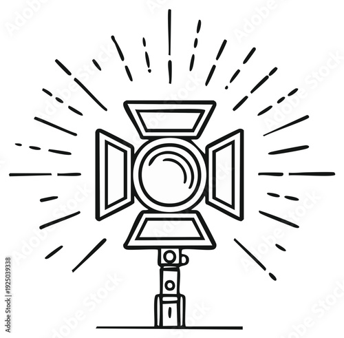 Studio Lighting Equipment with Radiating Light Lines in Clean Line Art Style