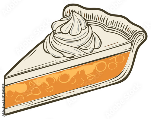 Pumpkin pie slice with whipped cream swirls for dessert, a culinary graphic illustration with detailed crust