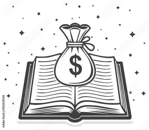 Money Bag atop Open Book Symbolizing Financial Knowledge and Investment Education