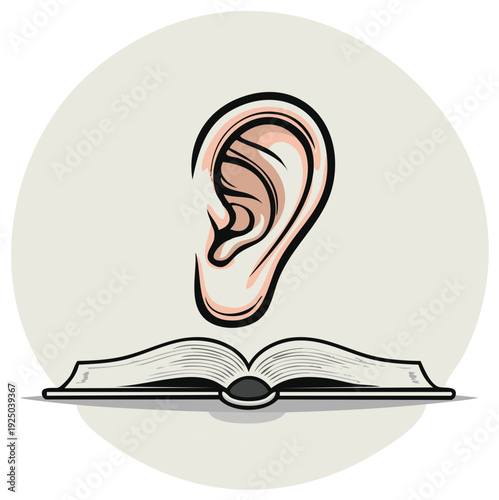 Open book and ear listening to the story representing learning education or audio book creative illustration