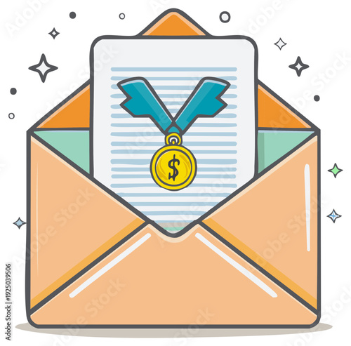 Financial award notification concept with a gold medal on a letter in an open envelope illustration