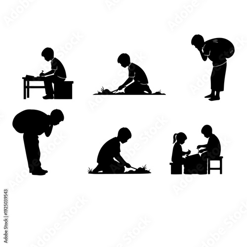 Child Labor Awareness Silhouette Set - Working Children and Social Injustice Concept