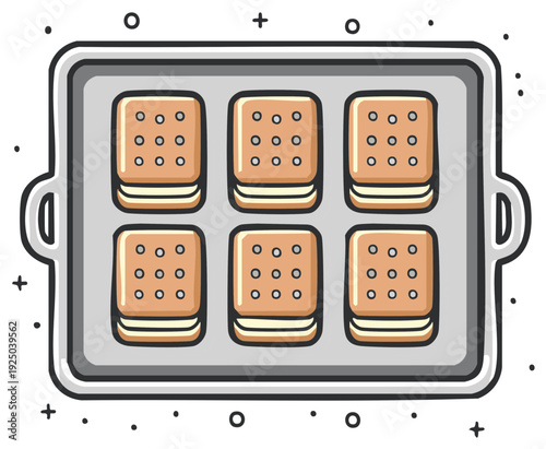 Six sweet sandwich cookies on a baking tray with a fun doodle pattern
