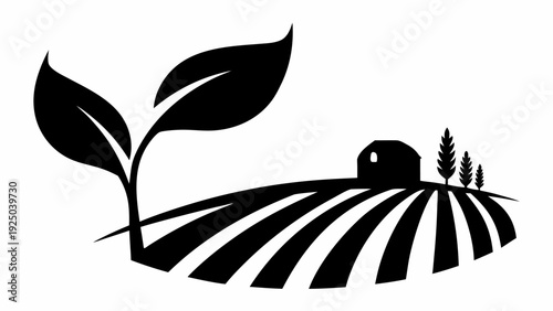 Sustainable farm landscape with growing plant and barn