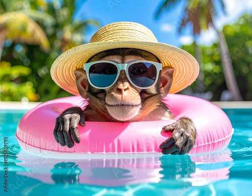 funny little macaque monkey with pink swimming ring, hat and sunglasses in a swimming pool