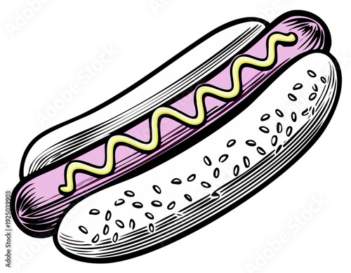 Illustration of a Classic Hot Dog with Mustard and Sesame Seeds on a Bun