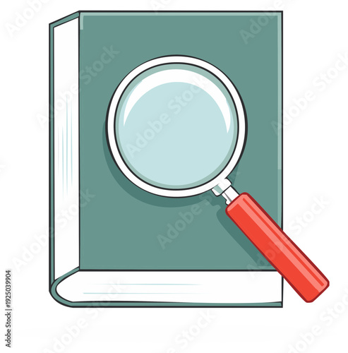 Magnifying glass over a closed book cartoon illustration for research and education concepts