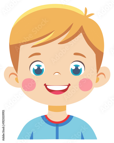 Cartoon portrait of a smiling young boy with blond hair and blue eyes.