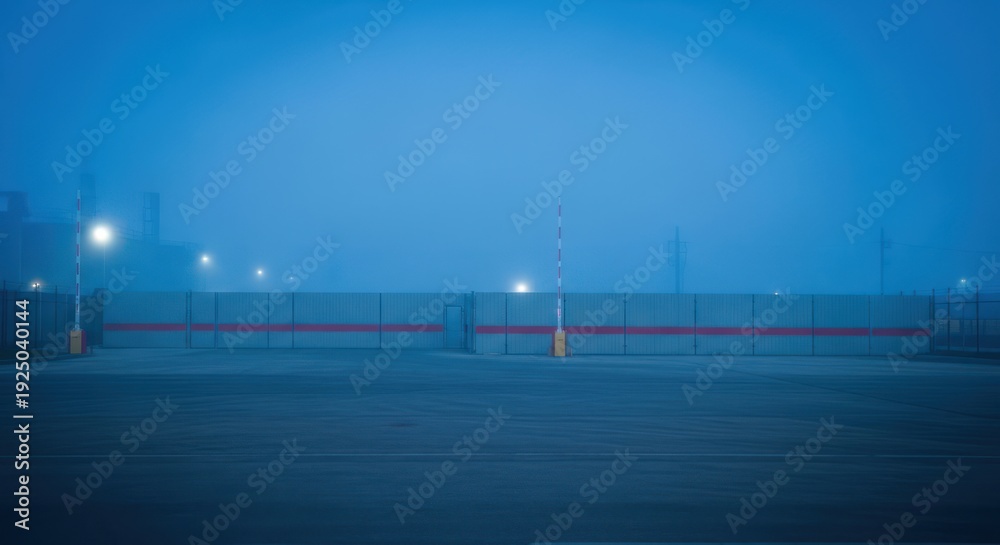 Obraz premium Misty blue cityscape featuring a road with barriers and soft lighting at dusk