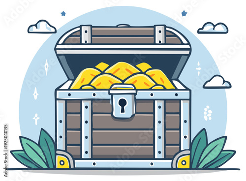 Open Treasure Chest Filled with Gold Coins and Jewels, Ready for Adventure