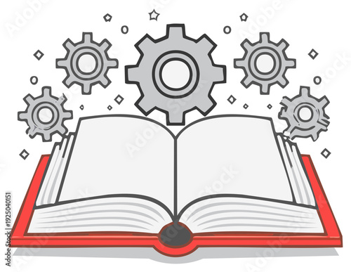 Open Red Book with Gears Turning Overhead Depicting the Concept of Learning and Mechanical Processes