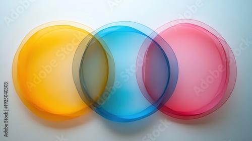 Geometric abstraction with three overlapping translucent circles in pink, yellow, and blue gradients on a white background creates a fresh look in art design